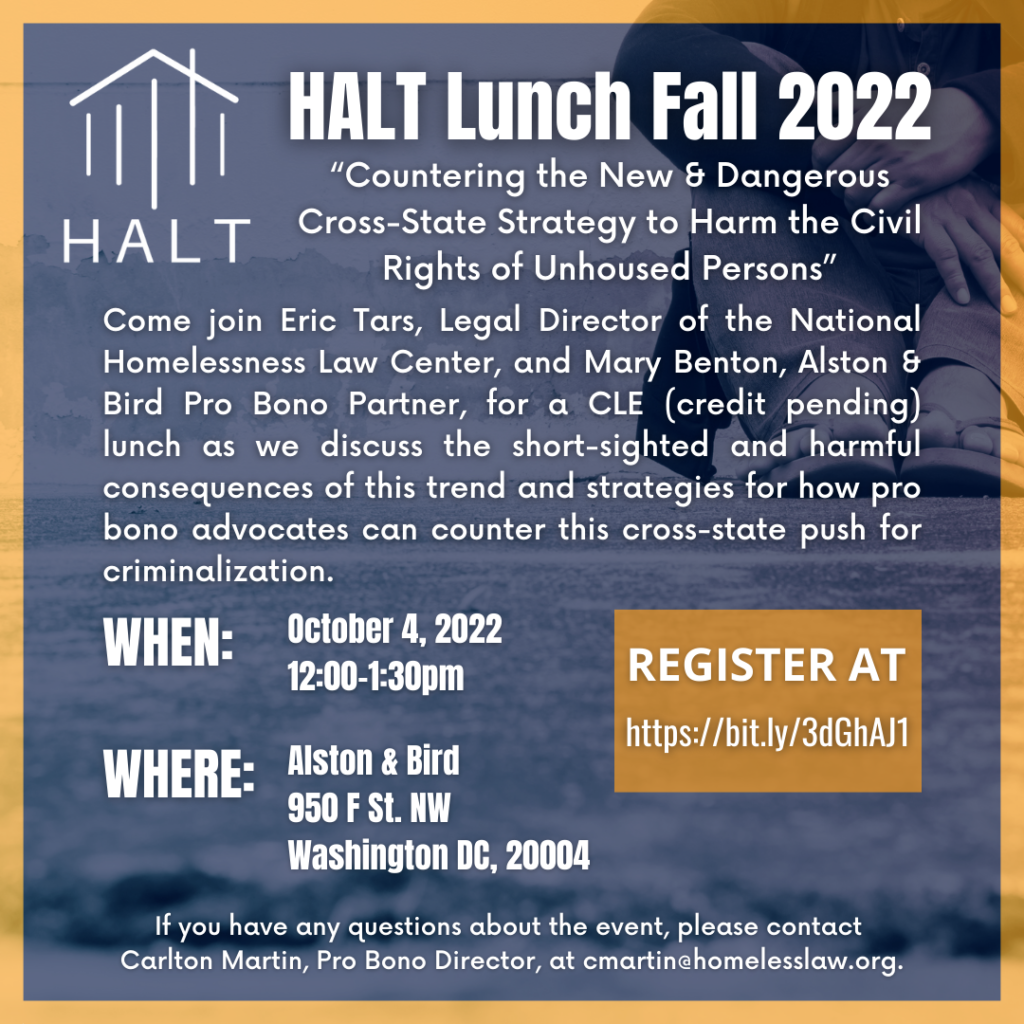 HALT Lunch Fall 2022 October 4, 2022 12pm to 130pm at Alston and Bird 950 F St. NW Washington DC, 20004