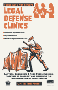 Poster for the Legal Defense Clinic -- A cop shakes a tent