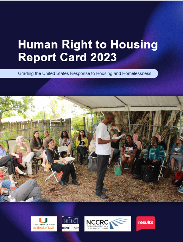 Cover of the 2022 Human right to housing report card, grading the United States response to housing and homelessness.